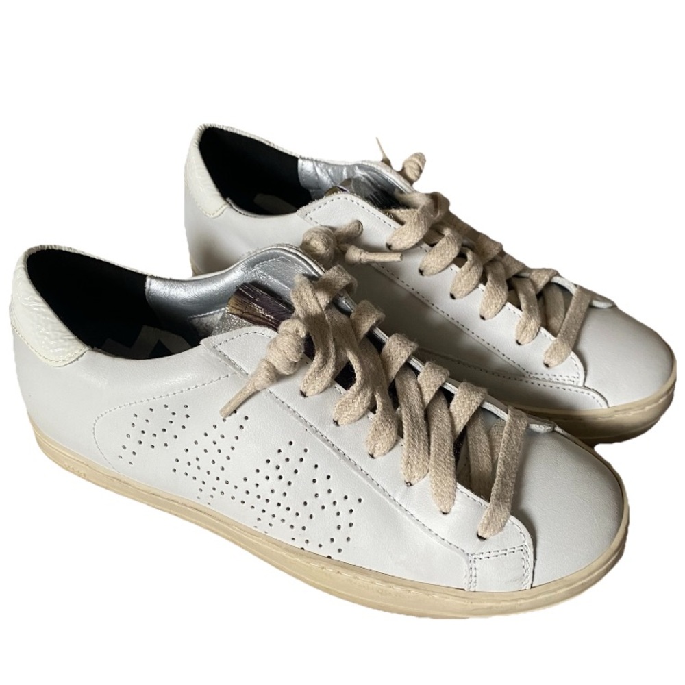 P448 John White Leather Sneakers with Beige Laces Women size 6.5